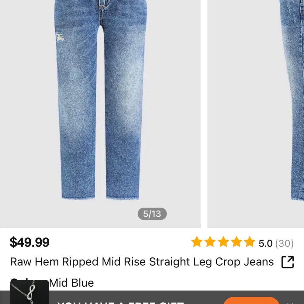 Raw Hem Ripped Mid Rise Straight Leg Crop Jeans - Blue